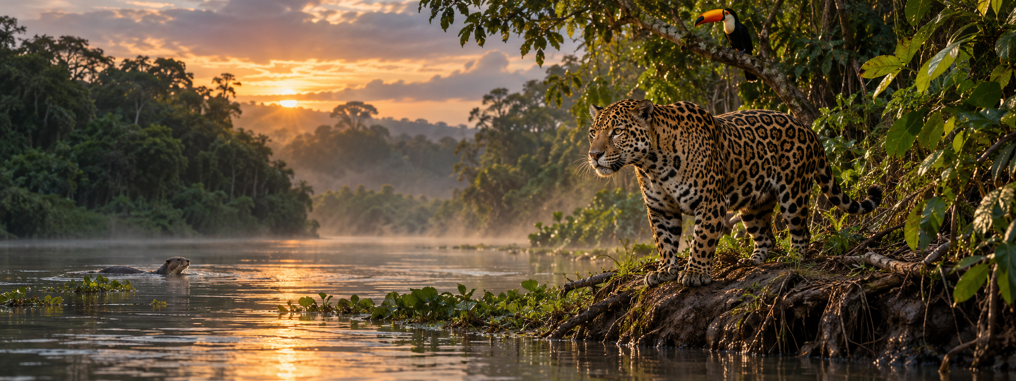 Editorial illustration of a jaguar, giant otter and toco toucan beside a Brazilian rainforest river at sunrise